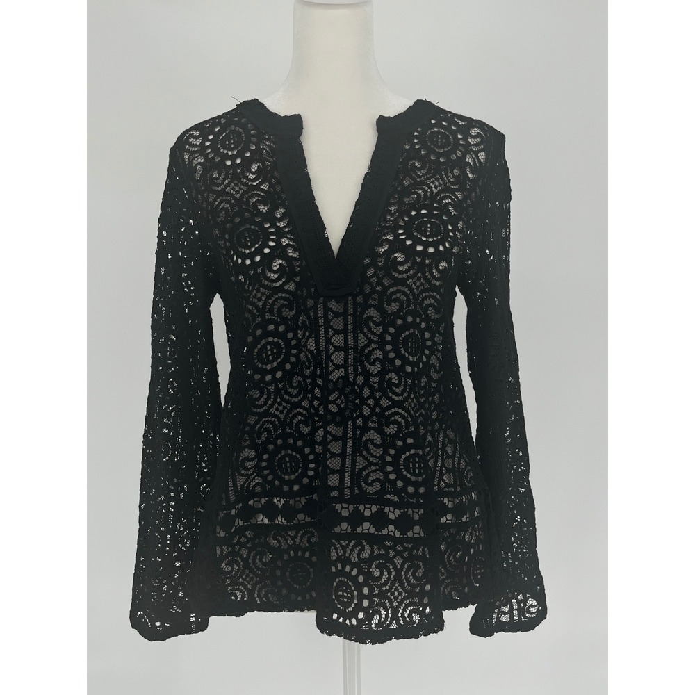 LOFT Black Floral Lace Split V-Neck Blouse Top Petites Small Boho Festival Artsy